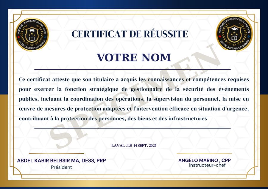 Spécimen du certificat de réussite de l'Académie Canmar